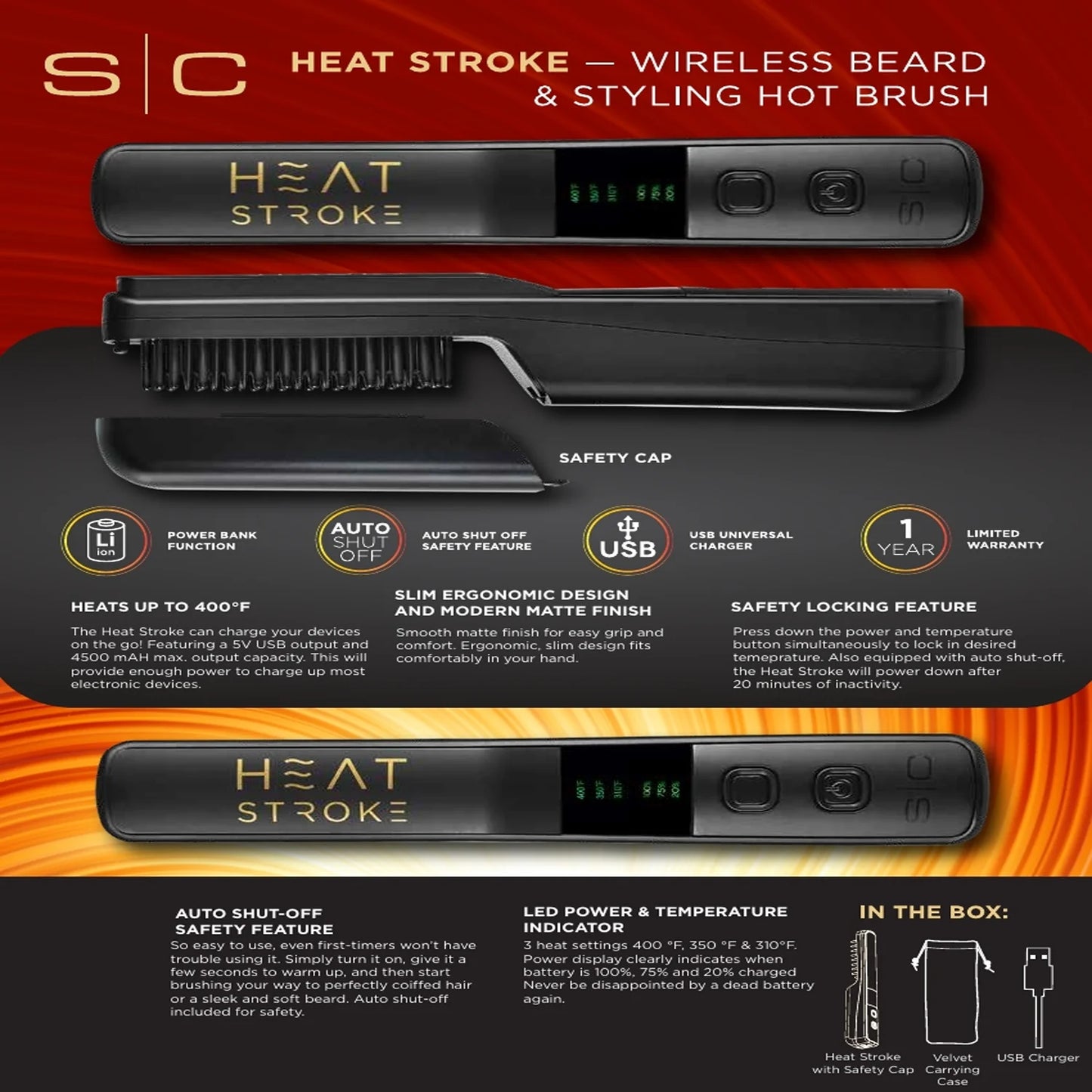StyleCraft Heat Stroke Cordless Beard & Styling Hot Brush - Black